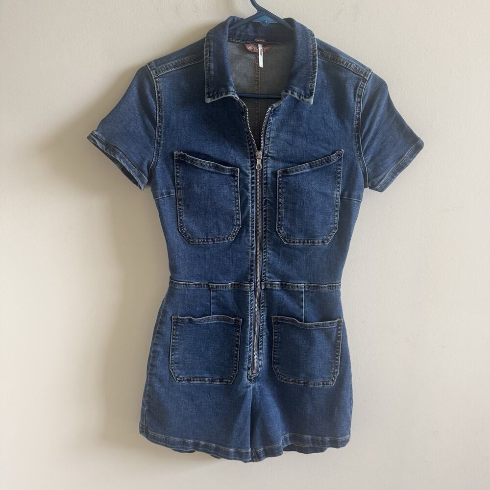 Free People CRVY Lennox Denim Shortsuit Size 2 Jumpsuit Romper Utility Festival